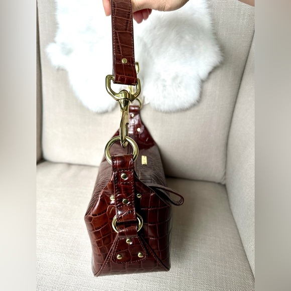 VTG 90s Y2K Ralph Lauren Cognac Crock Embossed Leather Baguette Purse Shoulder - Picture 4 of 16